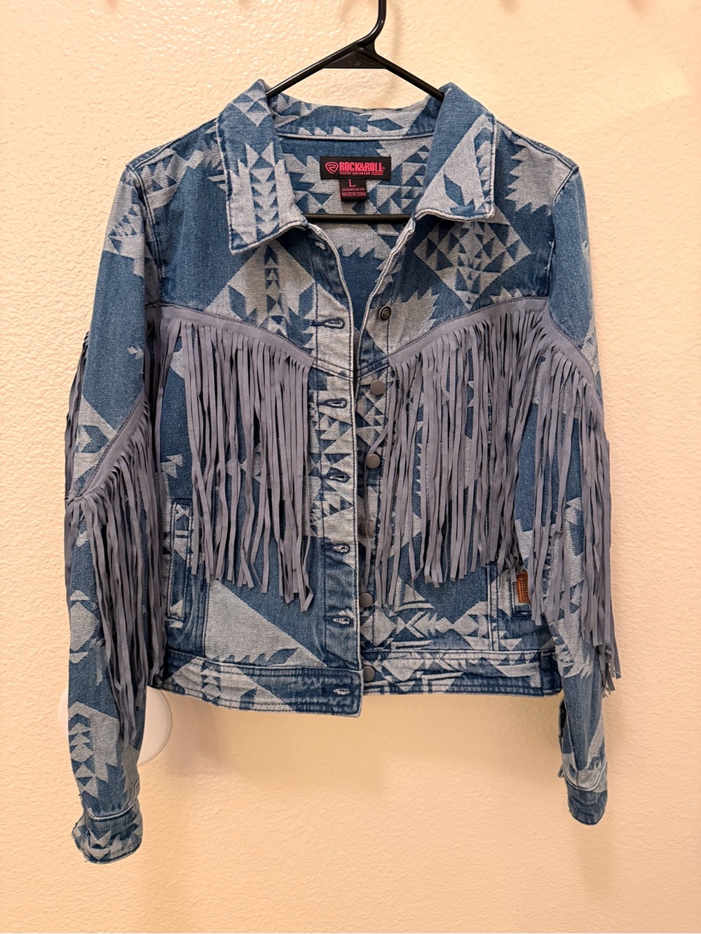Rock & Roll Denim Aztec Fringe Jean Jacket - Blue